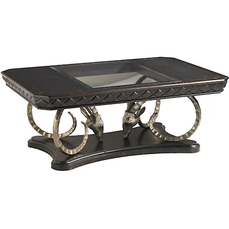 Ramsgate Rectangular Cocktail Table with Stylized Rams & Embossed Croc Leather Insert